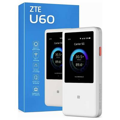 ZTE U60' verpakking toont een wit toestel met een digitaal scherm waarop signaalsterkte en verbindingsindicatoren worden weergegeven.