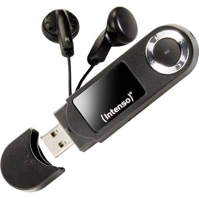 Een zwarte draagbare MP3-speler met een klein scherm, USB-aansluiting zichtbaar, vergezeld van een paar zwarte bedrade oordopjes die in de buurt liggen.