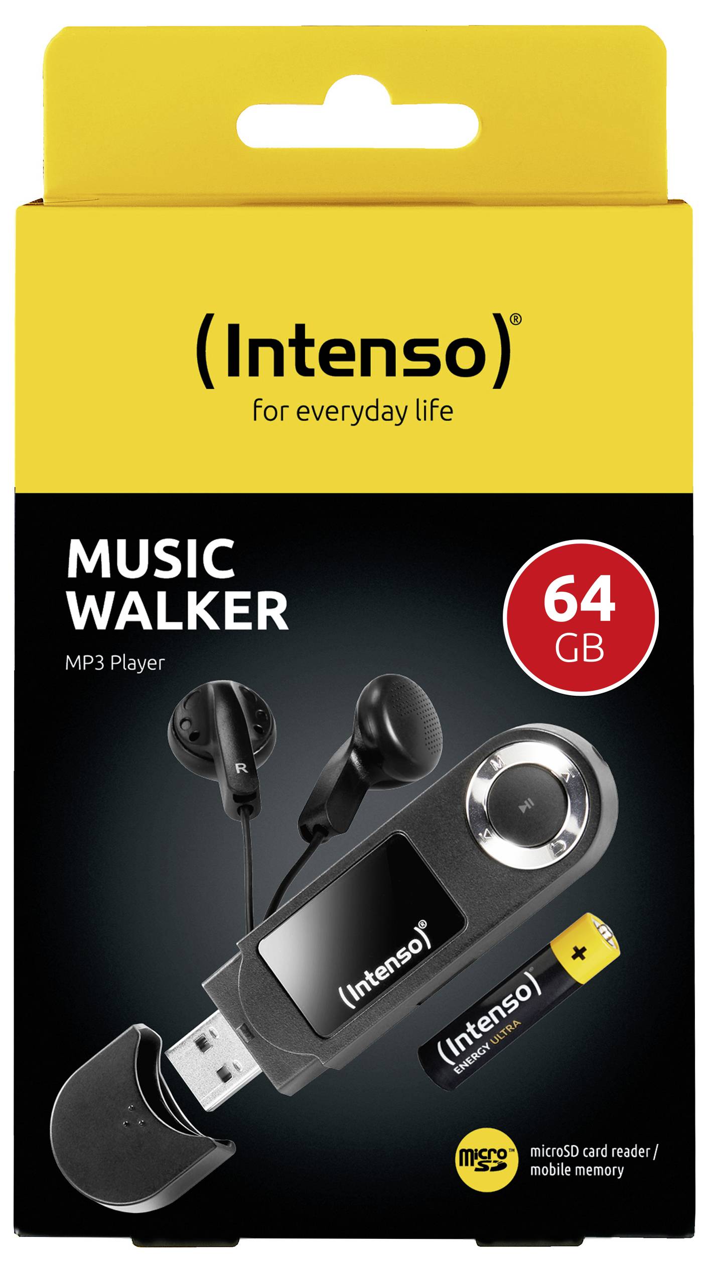 'Intenso Music Walker MP3-speler, 64 GB' verpakkingsontwerp toont de MP3-speler, USB-connector en oordopjes met nadruk op opslagcapaciteit.