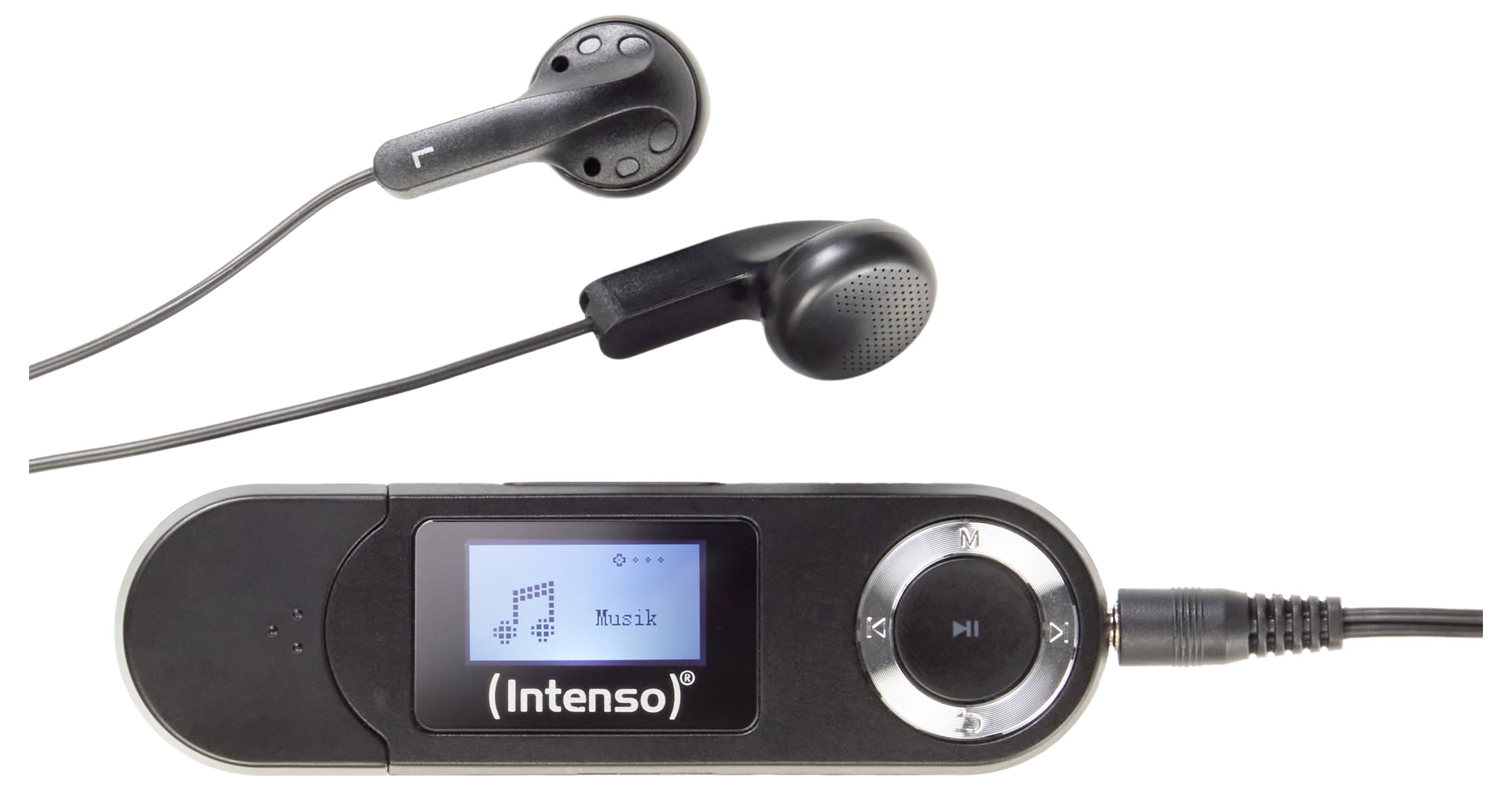 Een zwarte draagbare muziekspeler met een klein scherm waarop een muzieknoot en het woord 'Musik' staat, samen met een paar oordopjes.