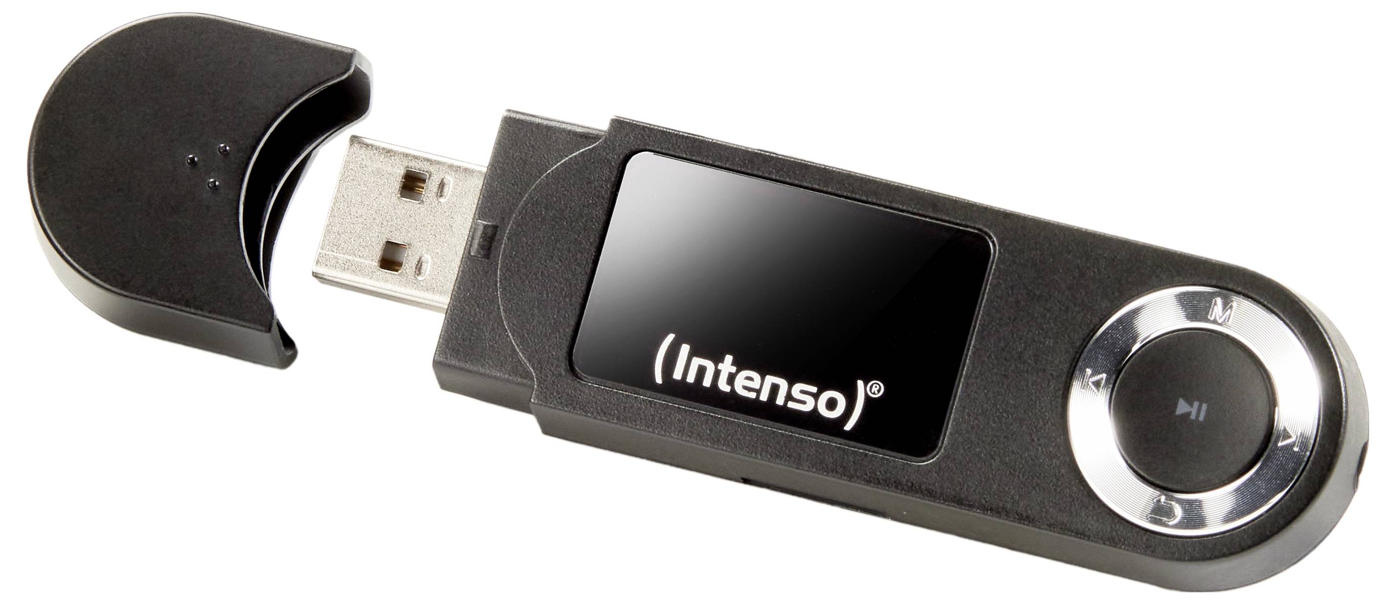Een zwarte USB-stick met een zilveren knop, gedeeltelijk gestoken in een zwarte afgeronde dop, gelabeld 'Intenso'.