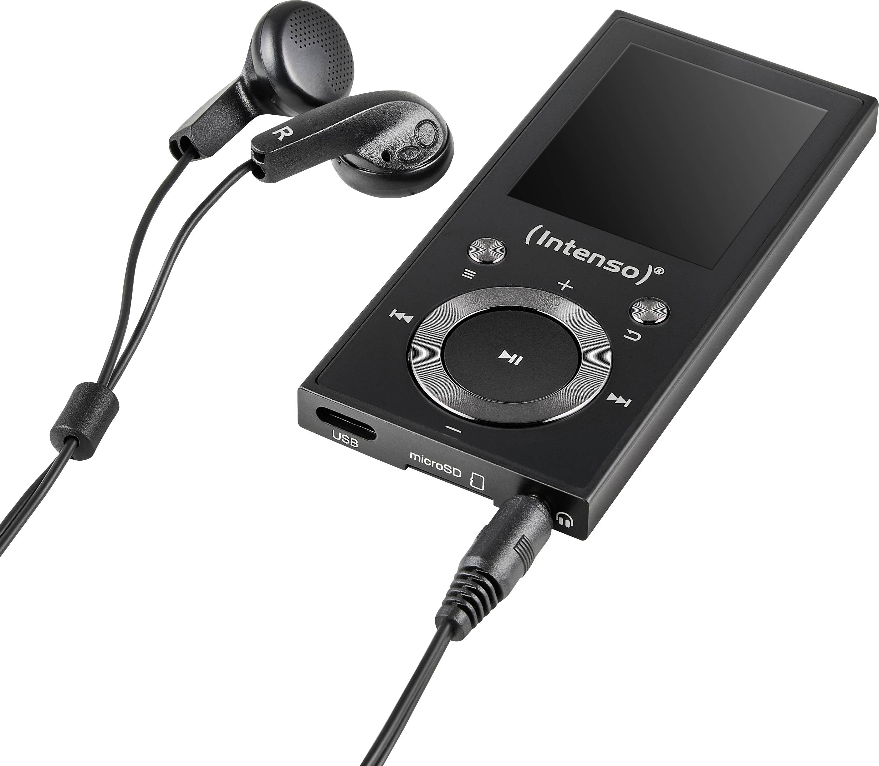 Een zwarte MP3-speler met een scherm waarop bedrijfsbranding wordt weergegeven, ronde bedieningsknoppen, en aangesloten zwarte oordopjes.
