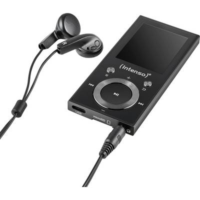Een zwarte MP3-speler met een scherm waarop bedrijfsbranding wordt weergegeven, ronde bedieningsknoppen, en aangesloten zwarte oordopjes.