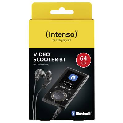 'Intenso Video Scooter BT' MP3-videospeler verpakking in het geel. Voorzien van Bluetooth-connectiviteit, 64 GB opslagcapaciteit en meegeleverde koptelefoon.