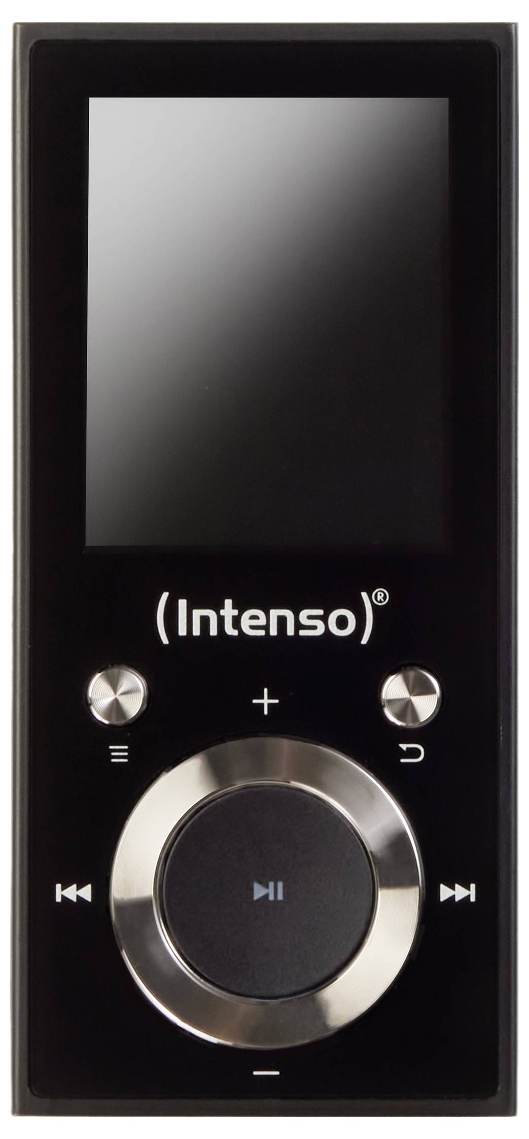 Een zwarte draagbare MP3-speler met een scherm bovenaan en bedieningsknoppen eronder, van het merk 'Intenso'.