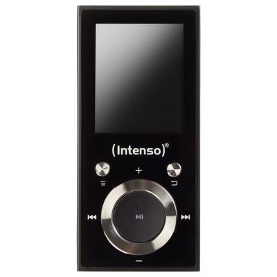 Een zwarte draagbare MP3-speler met een scherm bovenaan en bedieningsknoppen eronder, van het merk 'Intenso'.