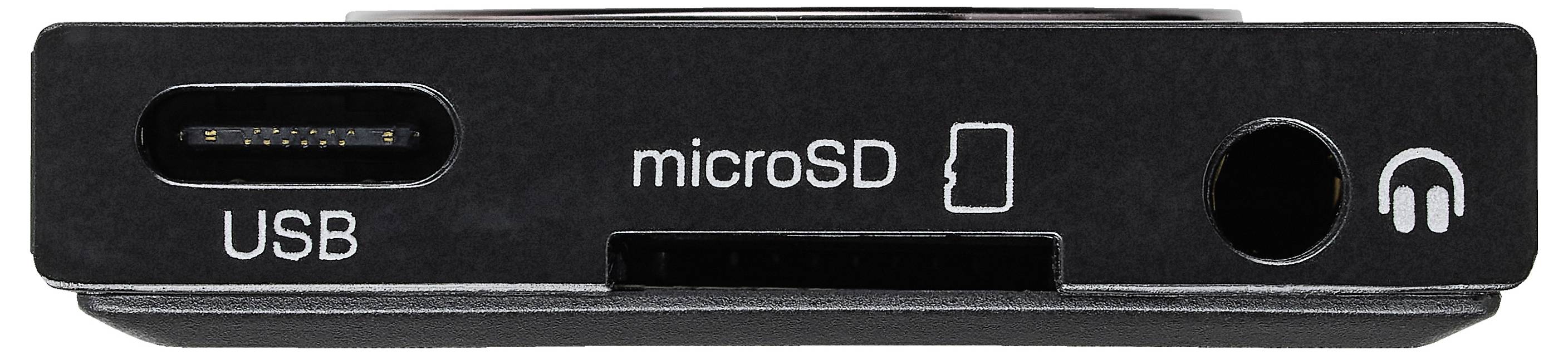 'Close-up van apparaatpoorten met USB, microSD en koptelefoonaansluiting geëtiketteerd op een zwart oppervlak.'