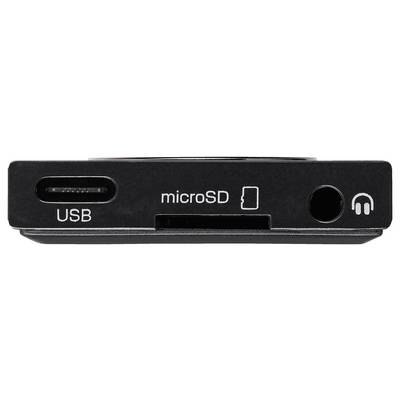 'Close-up van apparaatpoorten met USB, microSD en koptelefoonaansluiting geëtiketteerd op een zwart oppervlak.'