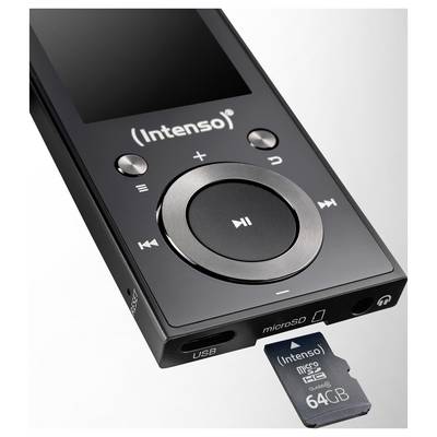 Een zwarte MP3-speler met een klein scherm waarop het woord 'Muziek' en een muziekicoon worden weergegeven. Oordopjes zijn aangesloten, met daaronder een rond bedieningspaneel.