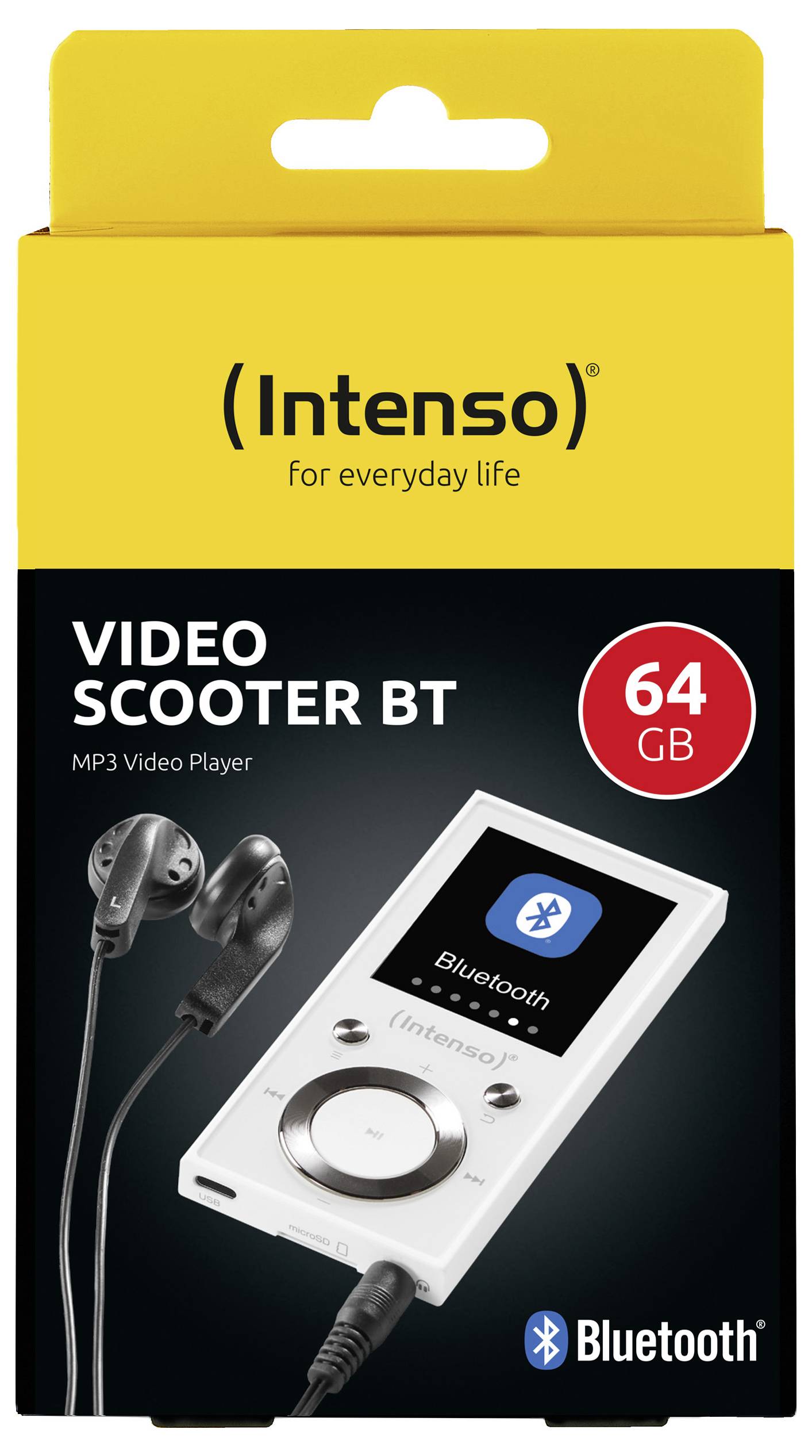 Verpakking van 'Intenso Video Scooter BT', een MP3-videospeler met 64 GB opslagcapaciteit, Bluetooth en meegeleverde oordopjes, weergegeven in zwart en geel.