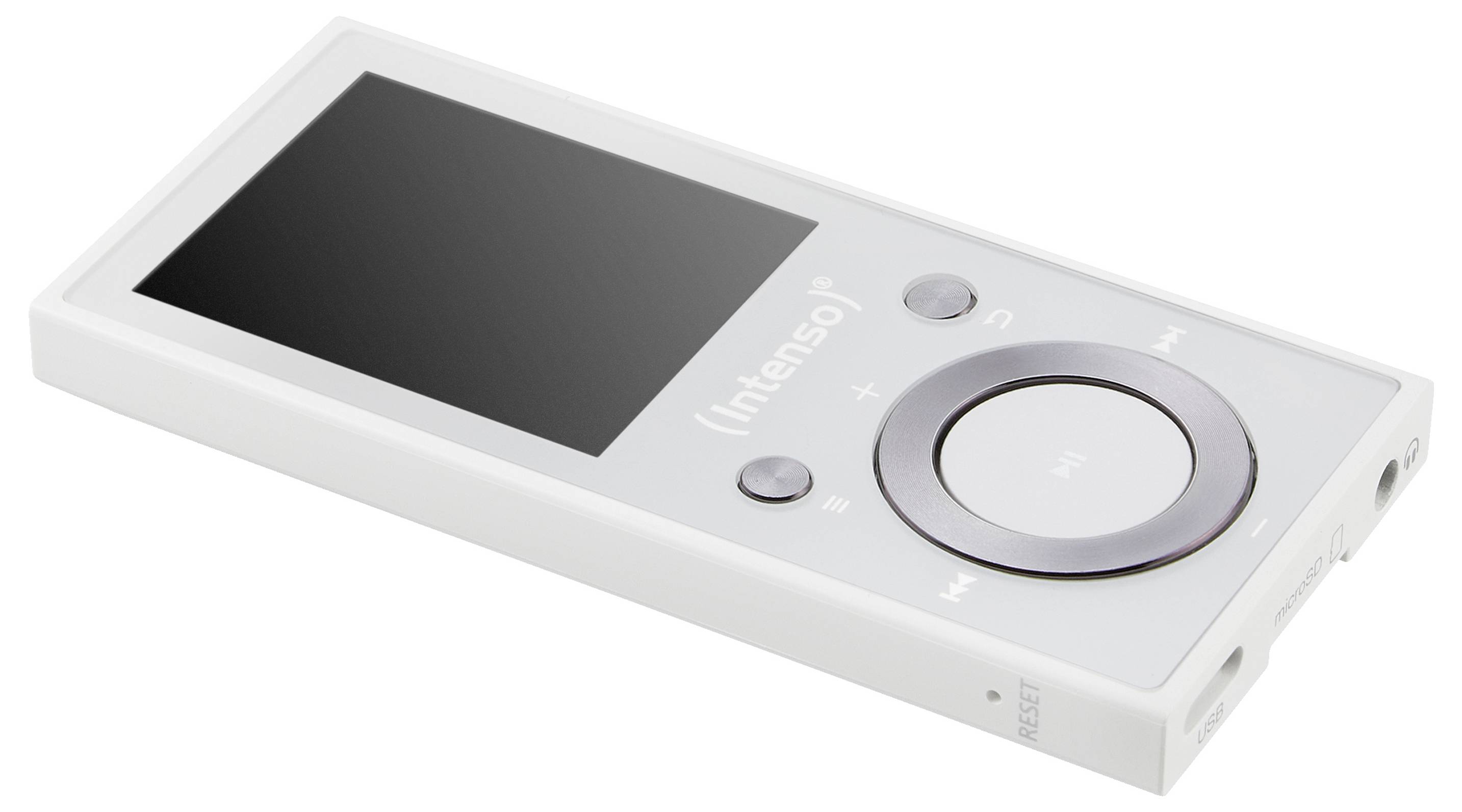 Een witte draagbare muziekspeler met een scherm en een ronde bedieningsknop, waarop het merk 'Intenso' wordt weergegeven.