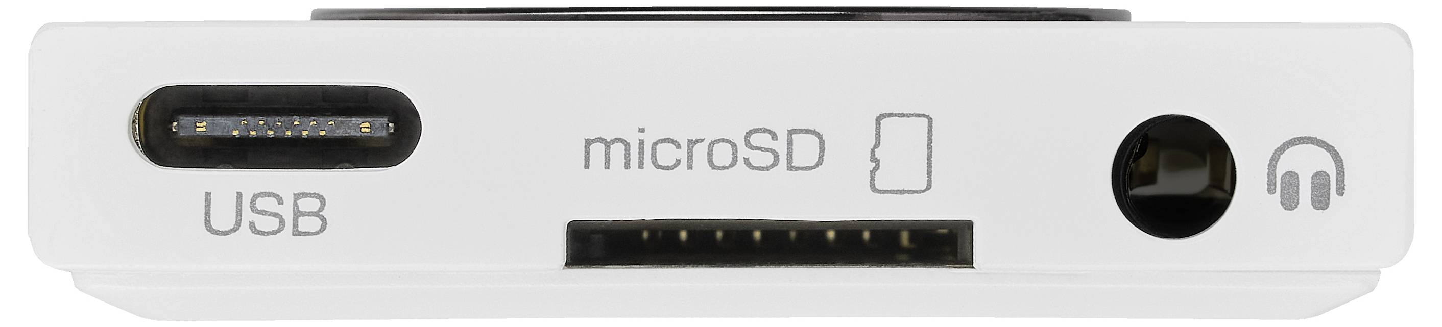 Een close-up van een apparaat met poorten: USB-C, microSD-kaartsleuf en een koptelefoonaansluiting, die connectiviteitsopties aangeven.