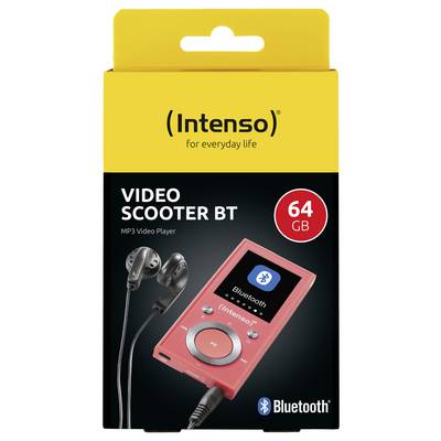Intenso Video Scooter BT, een 64GB MP3-videospeler, weergegeven op de verpakking met oordopjes. Ondersteunt Bluetooth-verbinding.