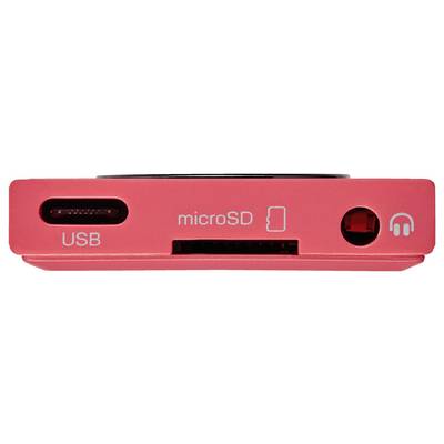 Close-up van een rood apparaatpaneel met poorten voor USB, microSD-kaart en koptelefoon.