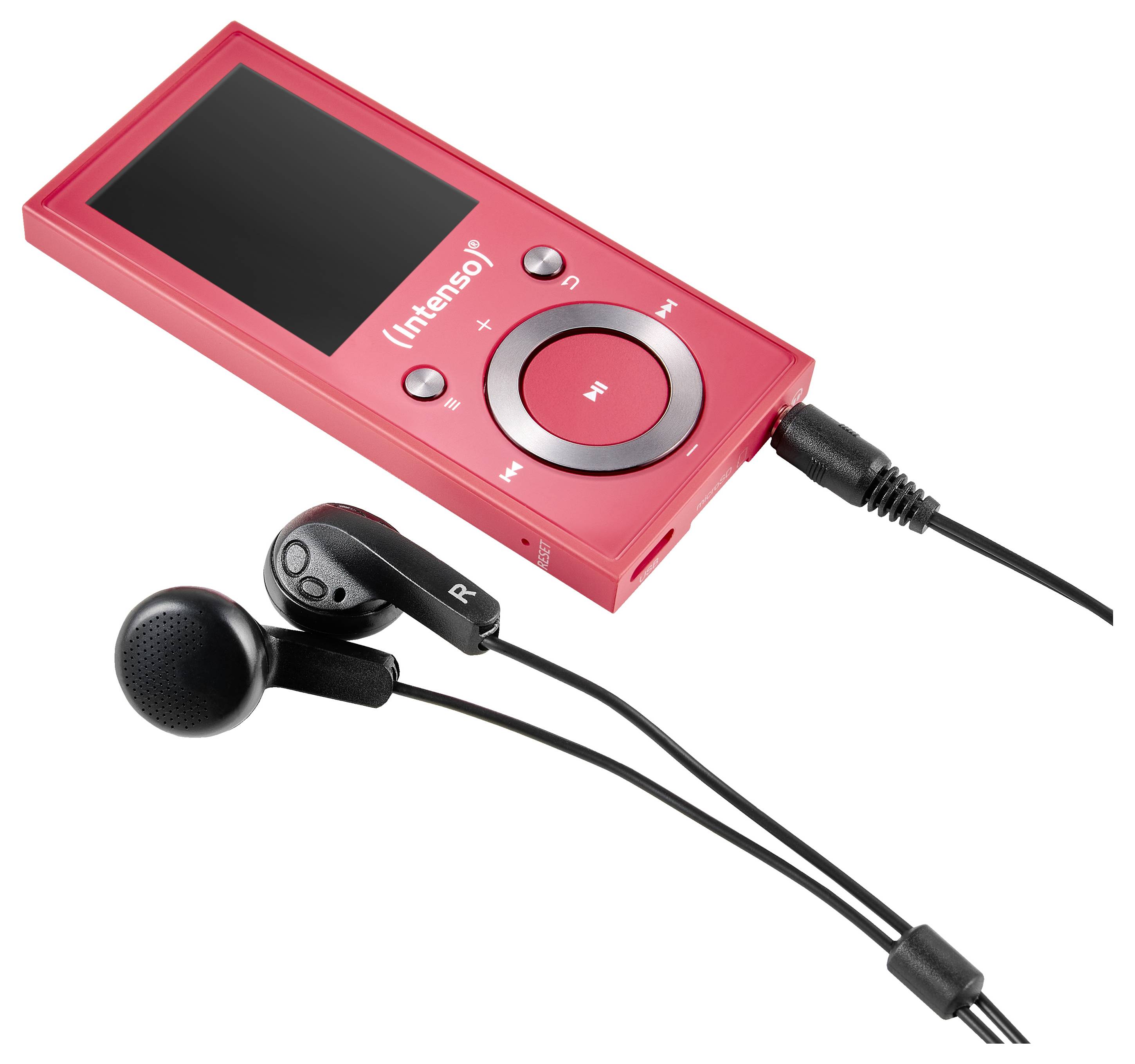 Een rode MP3-speler met een scherm en bedieningsknoppen, aangesloten op zwarte bedrade oordopjes.