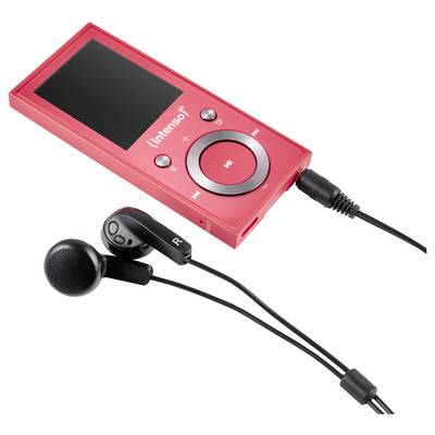 Een rode MP3-speler met een scherm en bedieningsknoppen, aangesloten op zwarte bedrade oordopjes.