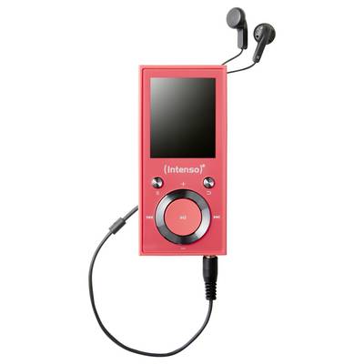 Een rode draagbare muziekspeler met een scherm, een rond navigatiepad en zwarte oordopjes aangesloten. De merknaam 'Intenso' is zichtbaar.