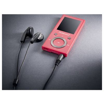Rode draagbare muziekspeler met oordopjes aangesloten, geplaatst op een donker oppervlak. Belangrijkste kenmerken zijn een afspeelknop en een scherm.