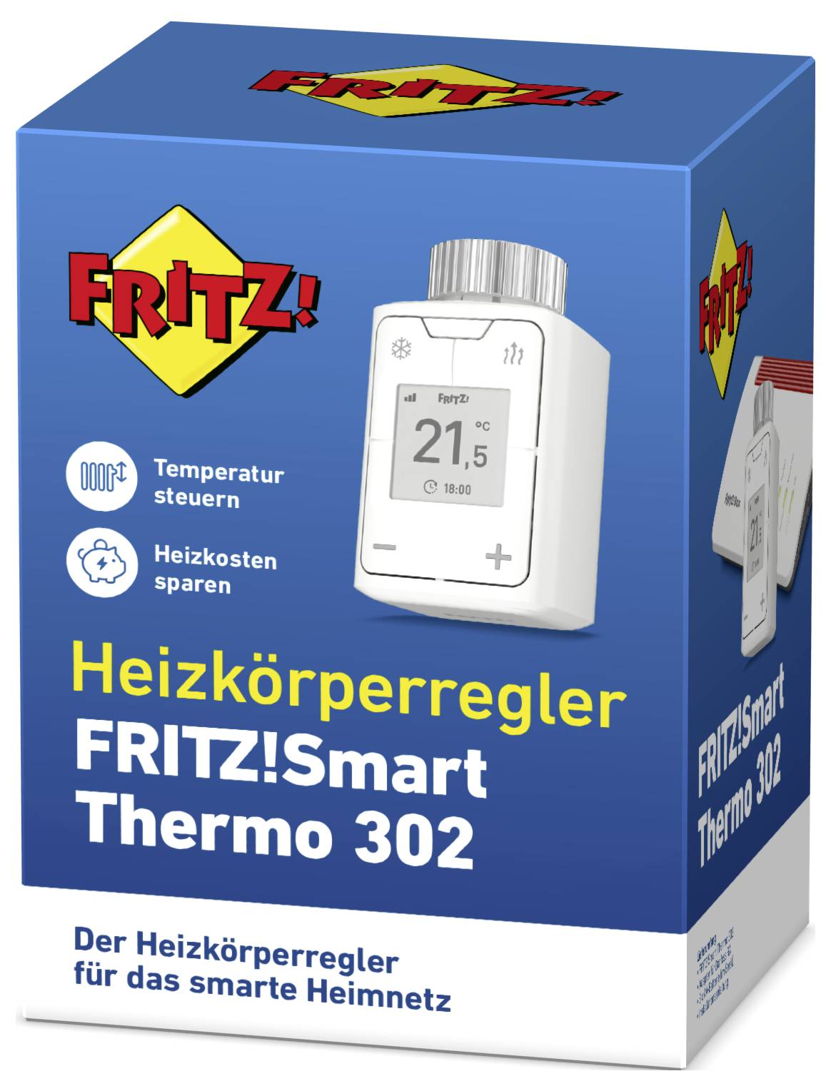 'FRITZ! Smart Thermo 302' verpakking met slimme radiatorafsluiter. Functies omvatten temperatuurregeling en besparingen op verwarmingskosten.