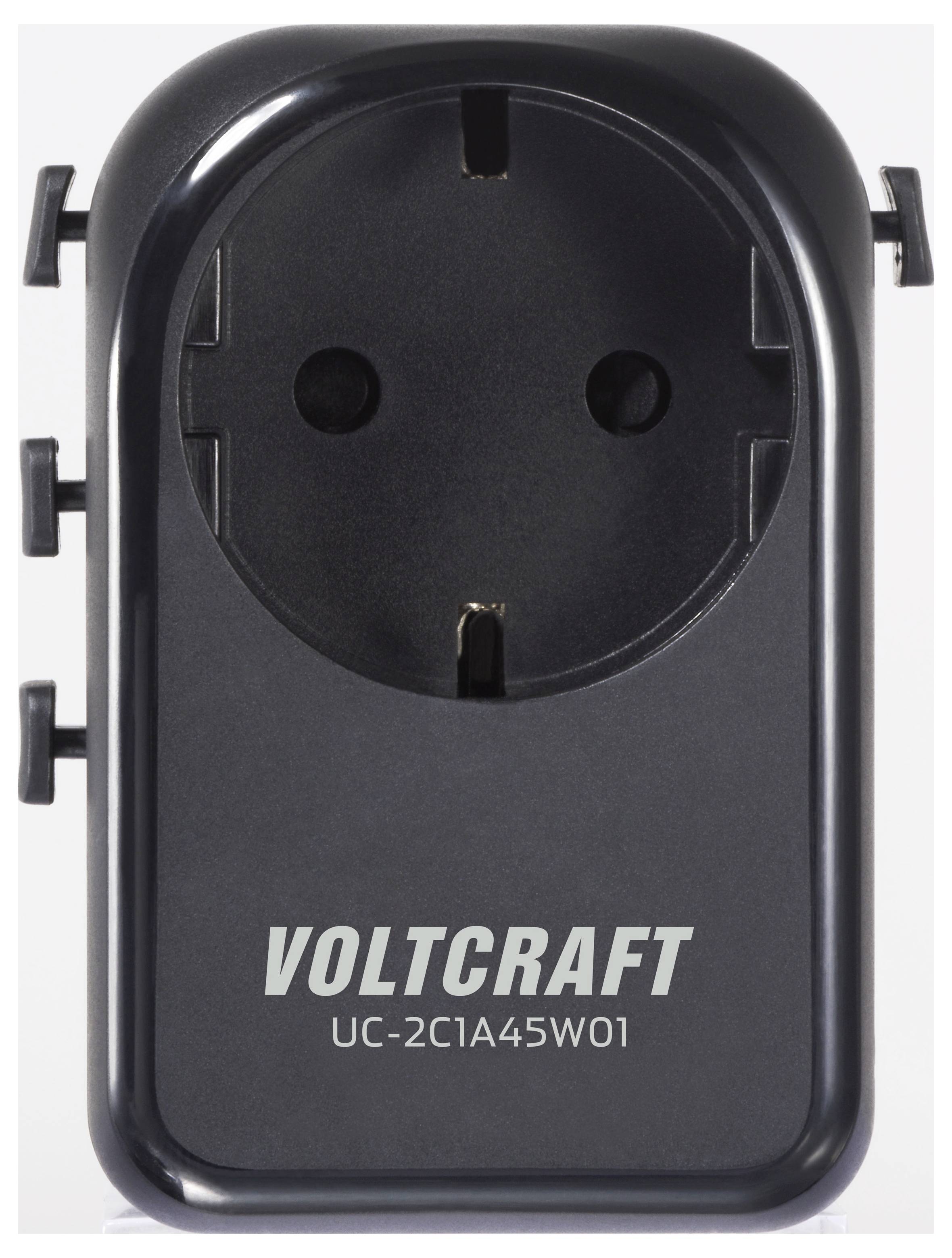 Een zwarte Voltcraft stroomsteker-adapter met het modelnummer 'UC-2C1A45W01' op de voorkant afgedrukt.