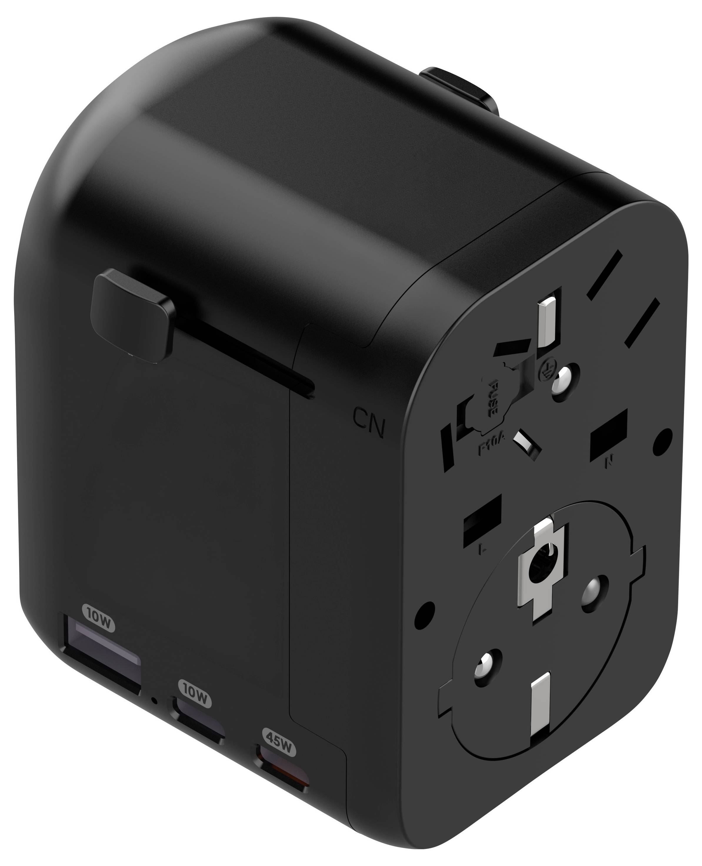 Een zwarte universele reisvoltageadapter met meerdere stekkerconfiguratieën en spanningsindicatoren, geschikt voor gebruik in verschillende landen.