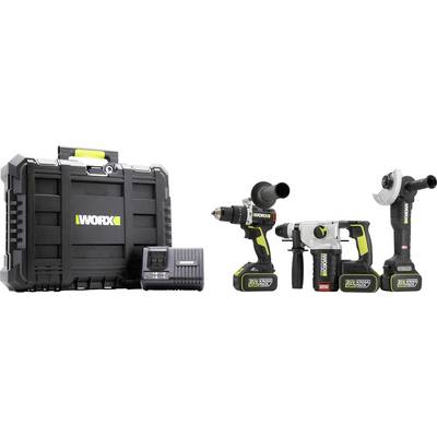 'Worx gereedschapsset met koffer, batterijlader, boormachine, slagboormachine en haakslipper, allemaal in zwart met gele accenten.'