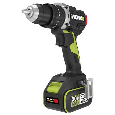 Een draadloze boormachine met een groen en zwart design, uitgerust met een 20V-batterij en gelabeld als 'Worx 20V Max 4.0Ah Kropa.'