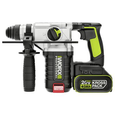 Een professionele draadloze rotatiehaamerboor met een 20V 4.0Ah Kross Pack batterij, voorzien van een borstelloze motor en ergonomisch ontwerp.