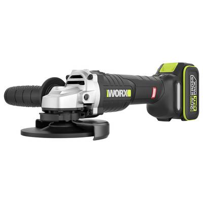 Een draadloze haakslijper met een zwart en zilverkleurig ontwerp, gemerkt met 'Worx', met een rubberen greephandel en zichtbare batterijpack.