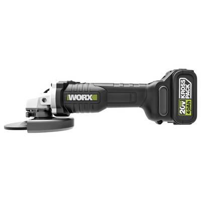 Een draadloze haakslijper met label 'Worx 20V Kross Pack 4.0Ah', met een compact, ergonomisch ontwerp en een zijhandvat voor eenvoudig gebruik.