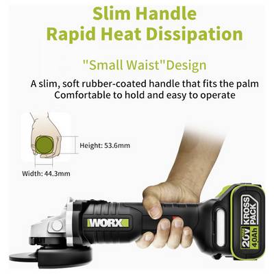 De afbeelding toont een hand die een WORX 20V elektrisch gereedschap vasthoudt met een 'Slim Handle Rapid Heat Dissipation'-ontwerp. Tekst benadrukt de afmetingen: Hoogte 53,6 mm, Breedte 44,3 mm, waarbij het comfort en gebruiksgemak worden benadrukt.