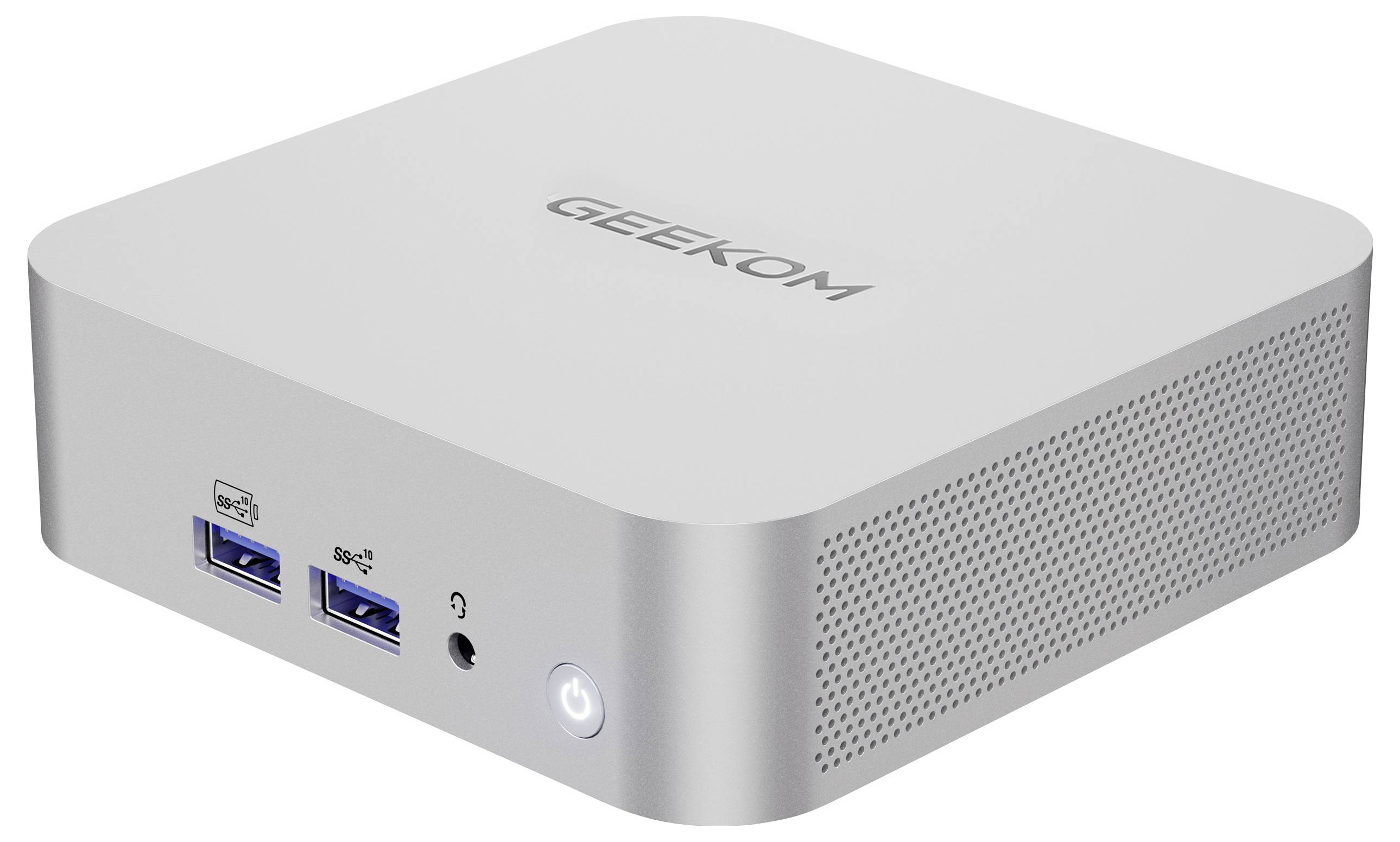 Een compacte, zilveren mini-pc met 'GEEKOM'-branding op de bovenkant, met dubbele USB-poorten, een koptelefoonaansluiting en een aan/uit-knop aan de voorkant.