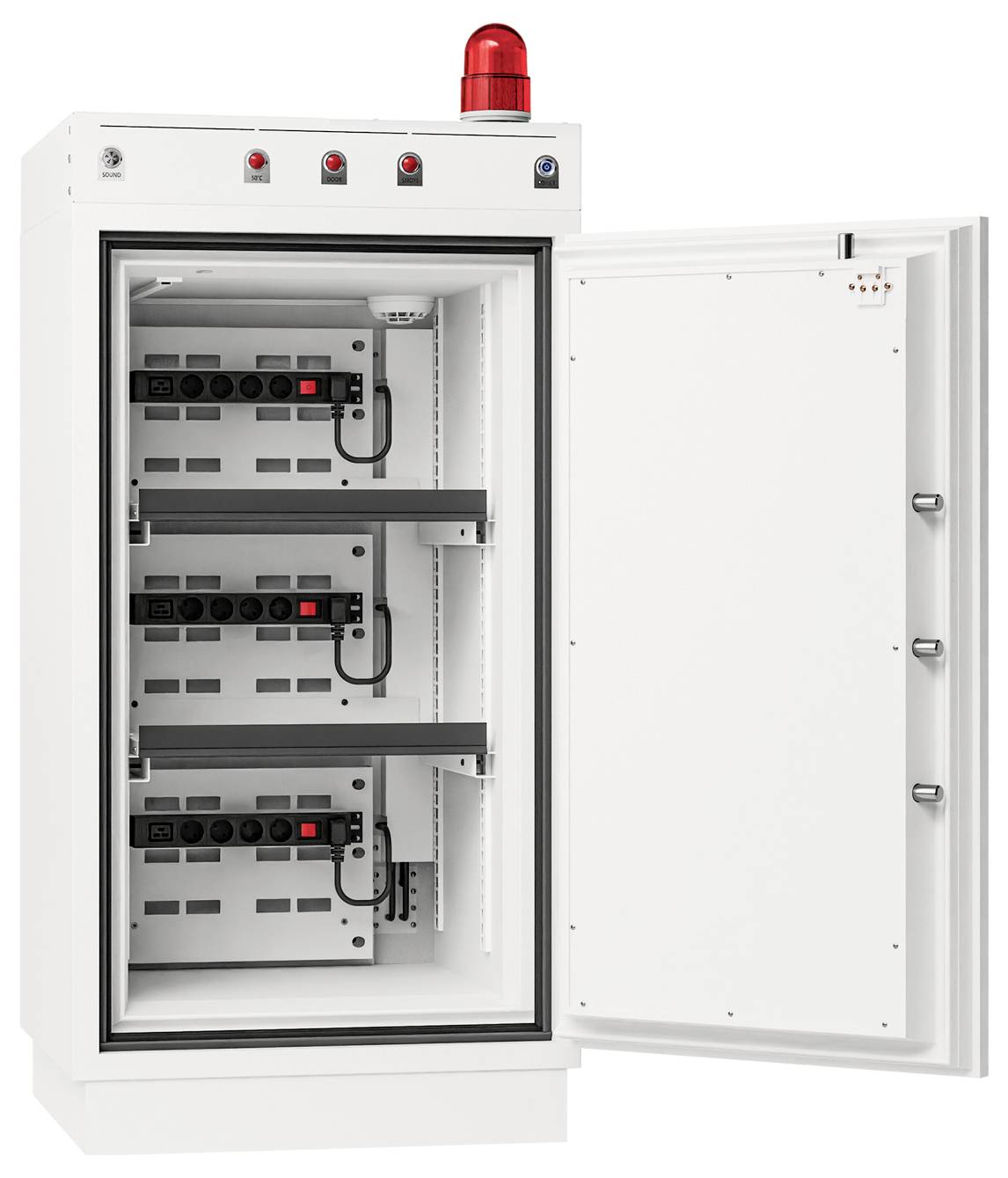 Een witte serverrack met een open deur, waarbij drie schappen van binnen zichtbaar zijn. Een rode alarmlamp staat bovenop de rack.