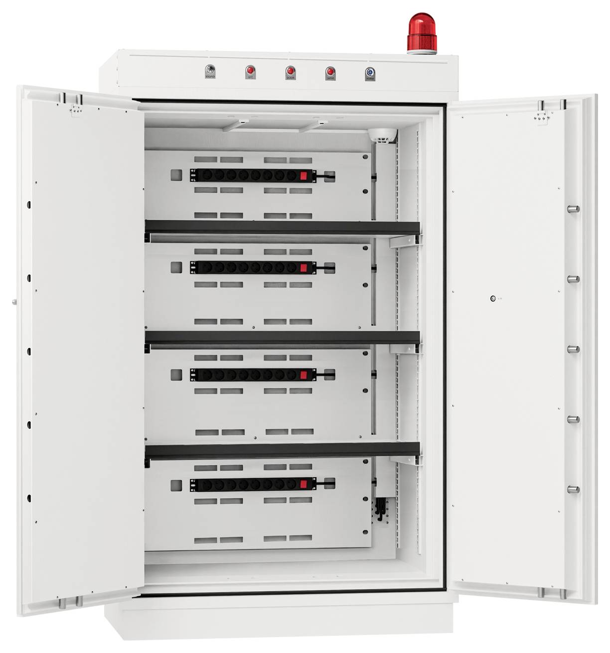 Een open witte elektrische kast met vier rijen van installatieautomaten, met een rode waarschuwingslamp bovenop, die veiligheidsequipement aangeeft.