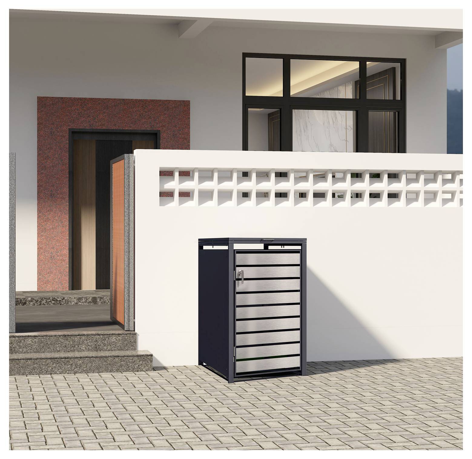 Een moderne buitenpakketbrievenbus geplaatst naast de voordeurtreden van een huis met een witte muur en een ruitvormig hekwerk.