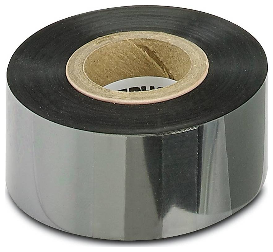 Rol reflecterende zwarte tape met een kartonnen kern, glanzend oppervlak, vaak gebruikt voor afdichtings- of isolatiedoeleinden.