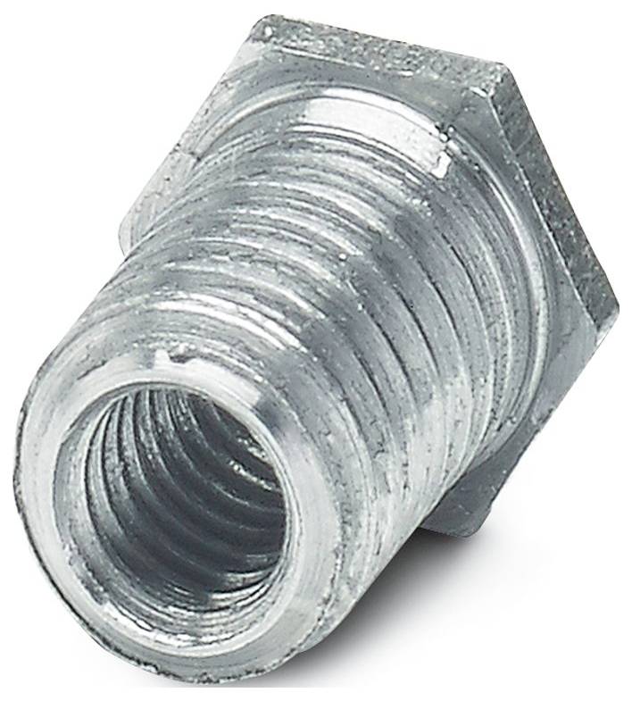 Een metalen zeshoekige draadmof, gebruikt om twee draadstaven of bouten voor mechanische bevestigingsdoeleinden met elkaar te verbinden.