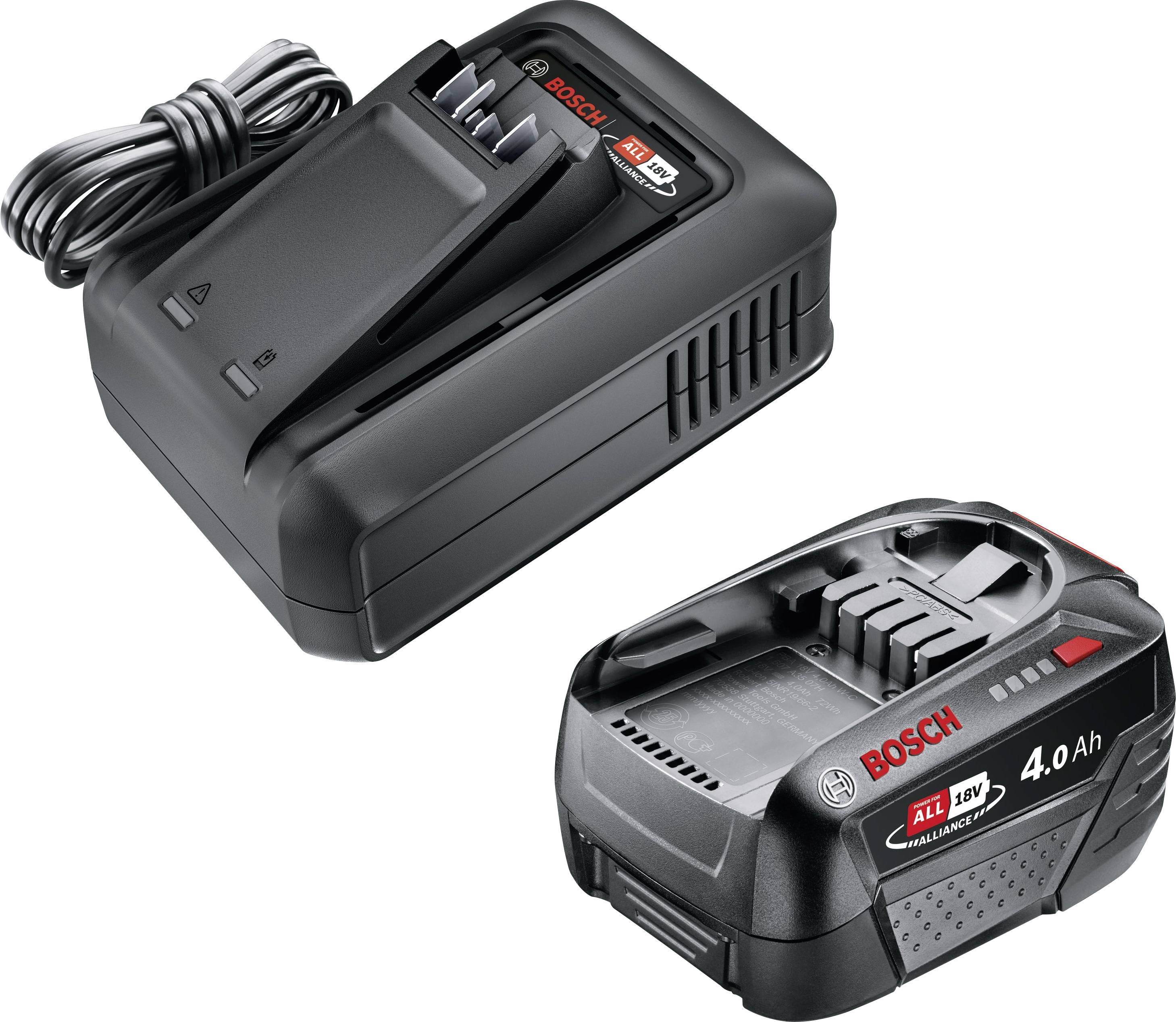 'Een Bosch-batterijlader en een 4.0 Ah accupack uit de 18V-serie, gebruikt voor draadloze gereedschappen, naast elkaar getoond.'