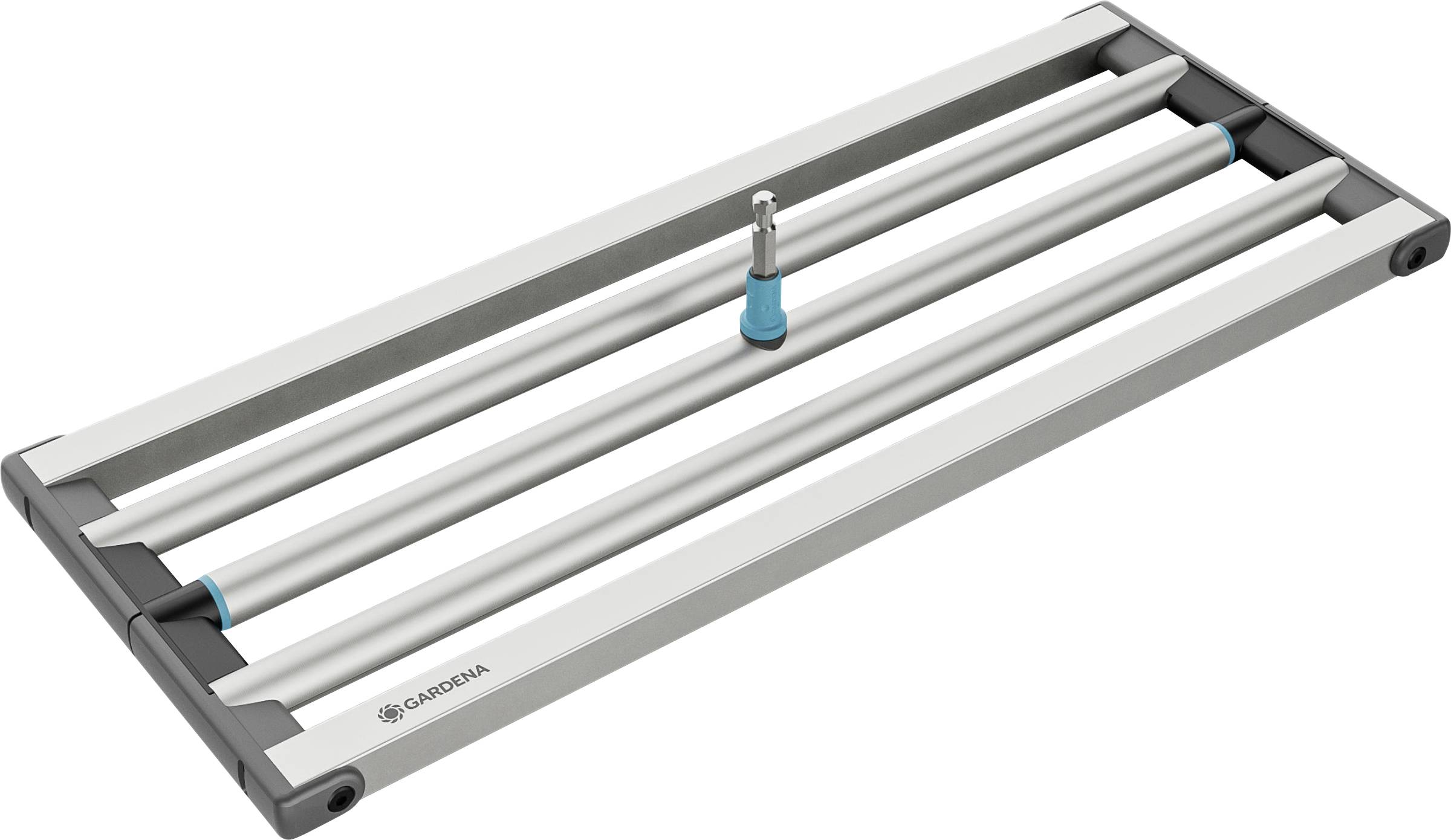 Rechthoekige oscillerende sproeier met een centraal blauw aansluitstuk, ontworpen voor gelijkmatige waterverdeling over grote tuingebieden.