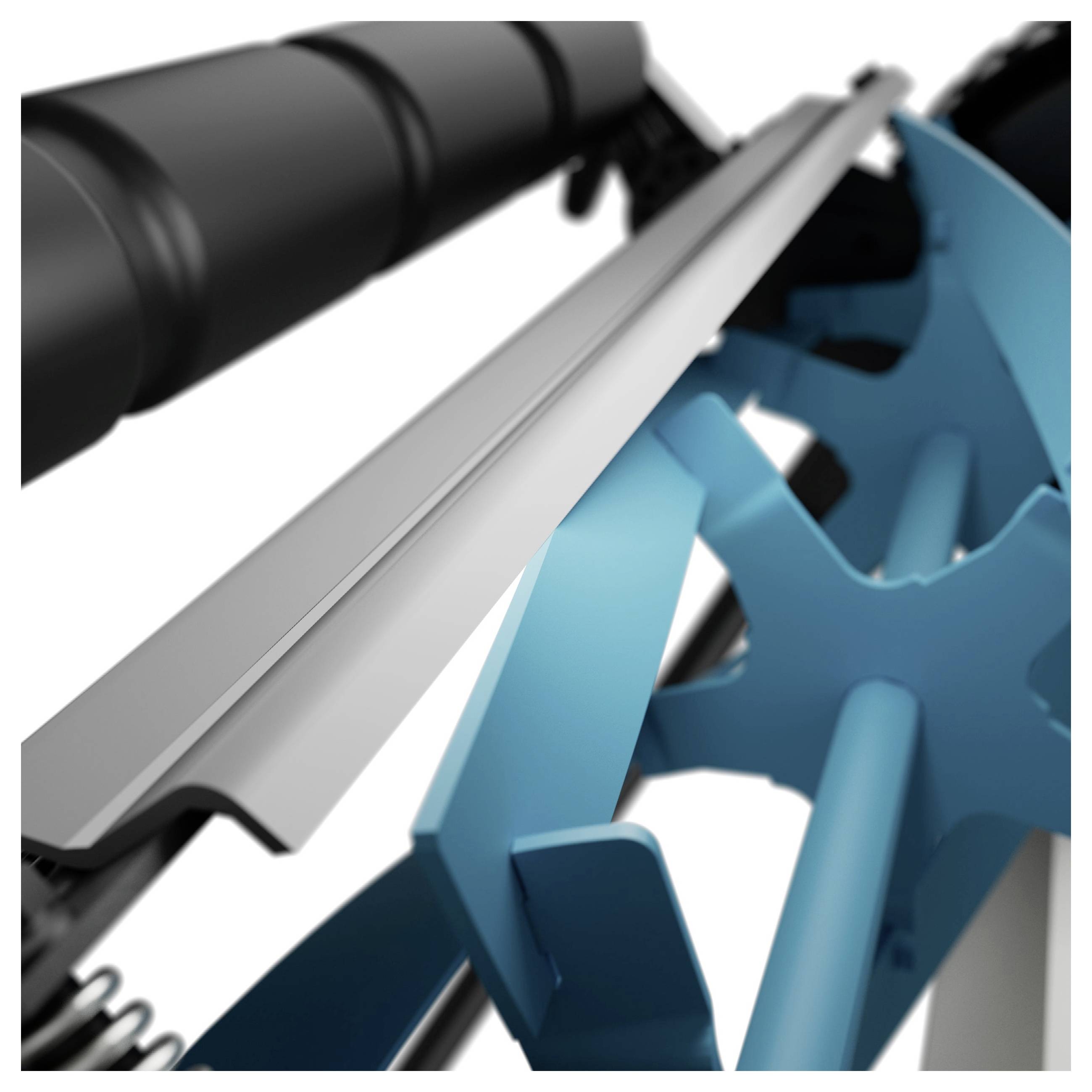 Close-up van een mechanisch apparaat met een glanzend zwart onderdeel en een blauwe, tandwielachtige structuur, wat op industriële machines duidt.