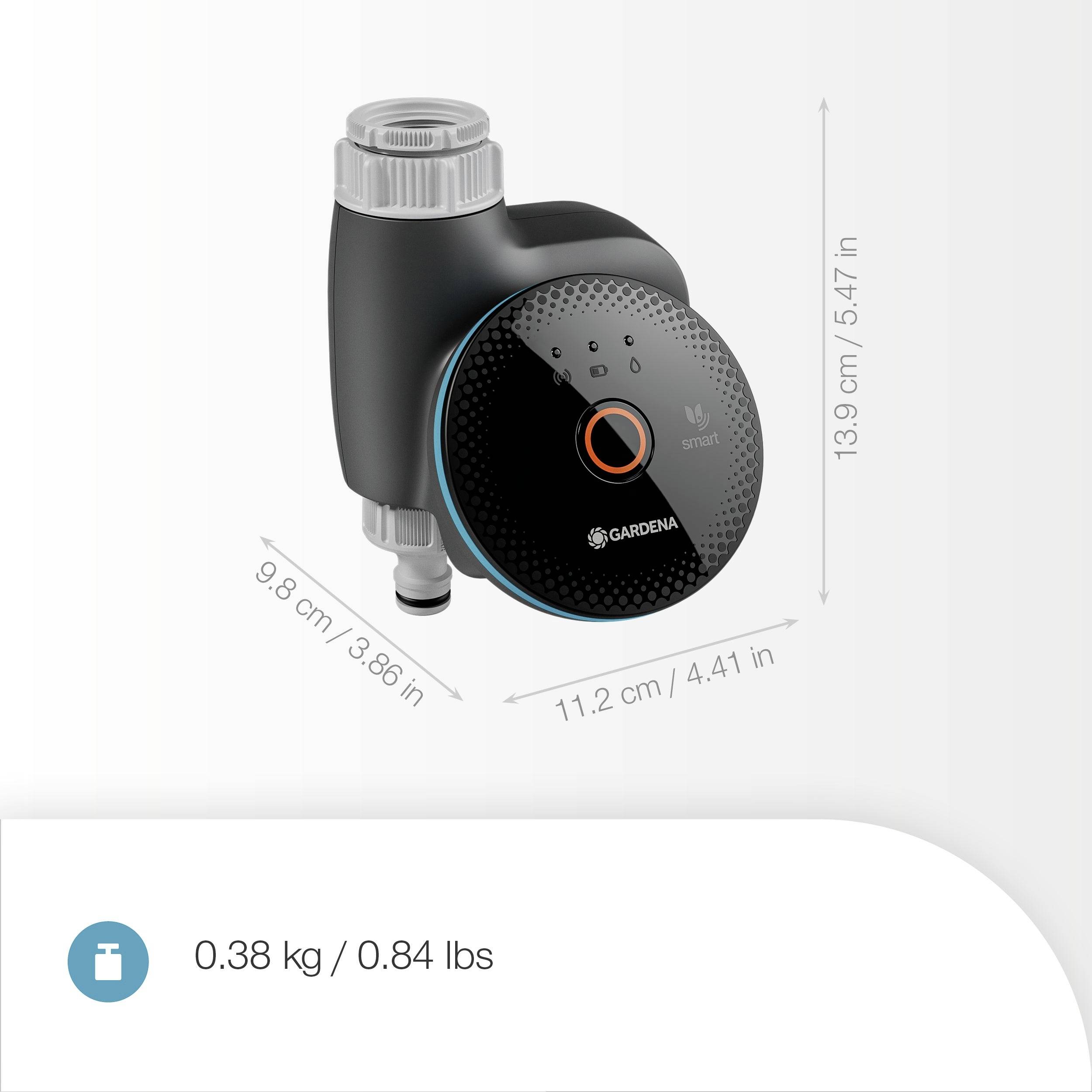 Slimme watertimer met afmetingen: 9,8 cm x 11,2 cm x 13,9 cm (3,86 in x 4,41 in x 5,47 in). Gewicht: 0,38 kg (0,84 lbs).