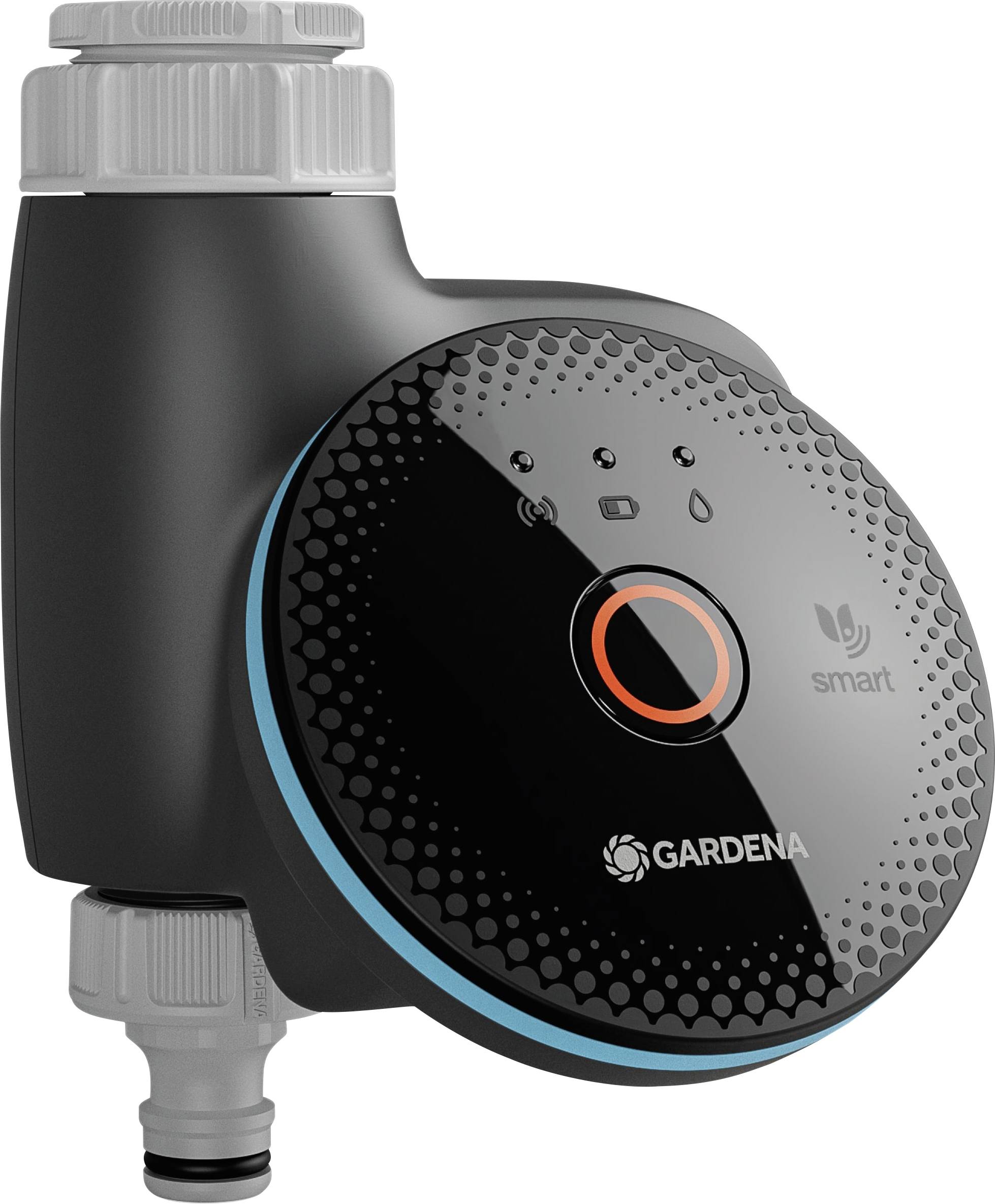 Een digitale watertimer met een strak zwart design voorzien van het 'Gardena' logo. Hij beschikt over een LED-indicator en kan worden aangesloten op een tuinslang voor slimme irrigatie.