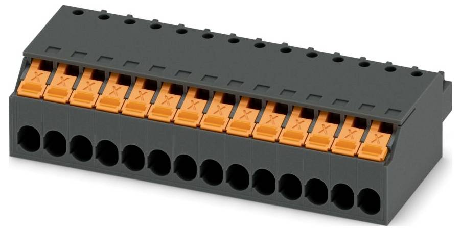 Een zwarte aansluitingsklemmenblok met oranje insteekverbindingen voor elektrische bedrading, met meerdere poorten in een rij uitgelijnd voor organisatorisch gebruik.