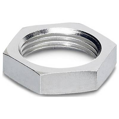 Een zilveren zeshoekige metalen moer met interne schroefdraad, meestal gebruikt in mechanische constructies voor het bevestigen of vastzetten van objecten.