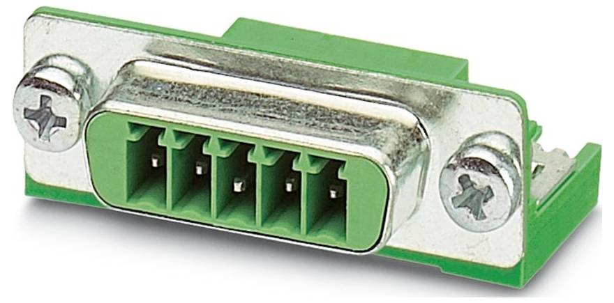 Een groene D-sub connector met vijf pinnen, typisch gebruikt voor het verbinden van elektronische apparaten, weergegeven tegen een witte achtergrond.