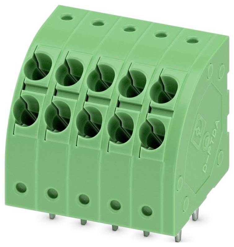 Een groene elektronische aansluitblok met meerdere aansluitpoorten in twee rijen, gebruikt voor elektrische of gegevensverbindingen.