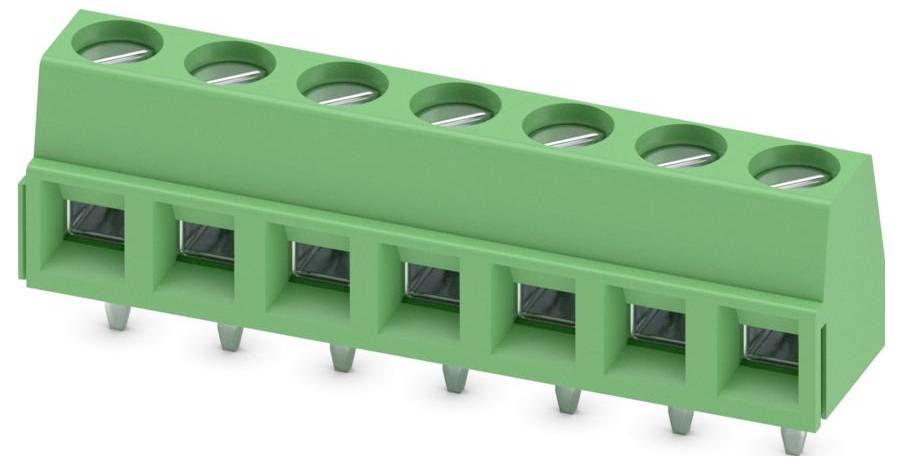 Een groen aansluitblok met acht verbindingspunten, ontworpen voor montage op printplaten, voorzien van metalen contacten en pennen.