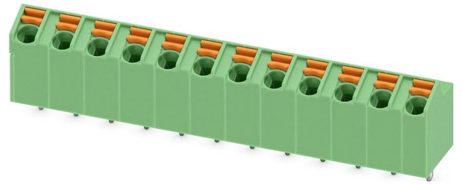 Een groen aansluitblok met tien verbindingspunten, voorzien van oranje ontgrendelingsmechanismen, gebruikt voor elektrische aansluitingen.