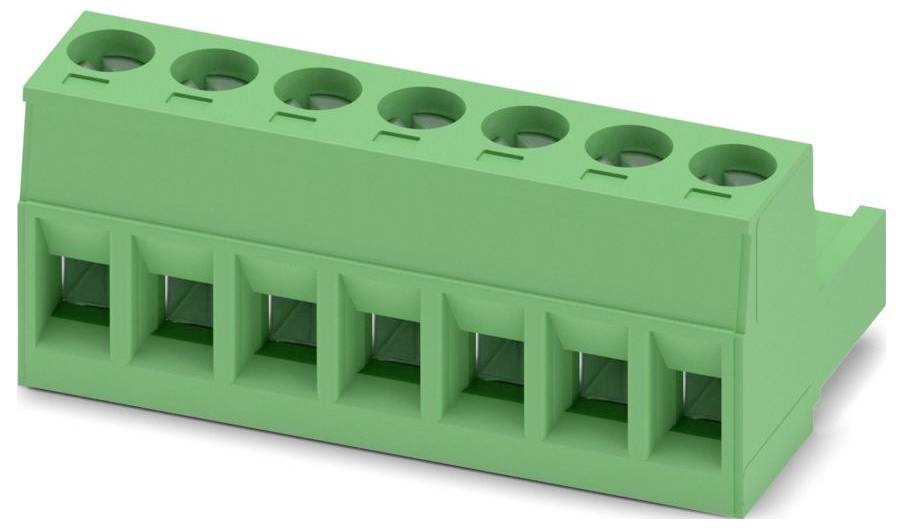 Een groene randsteenblokconnector met acht invoersleuven voor bedrading. Geschikt voor elektrische of elektronische projecten.