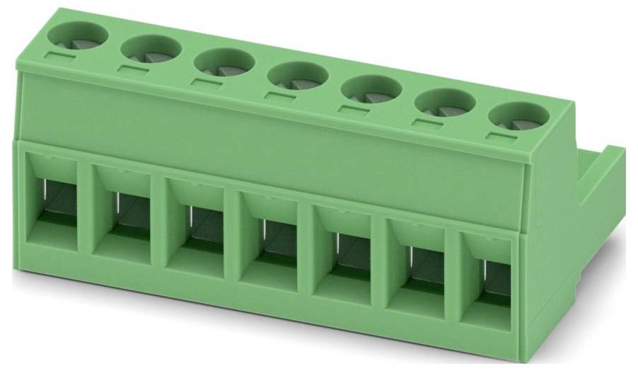 Een groen insteekbare aansluitingsblok met acht aansluitingspunten, gebruikt voor elektrische bedrading en circuitverbindingen.